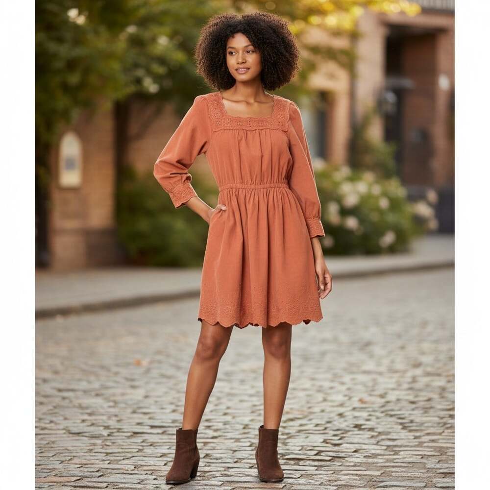 Madewell Embroidered Corduroy Square Neck Mini Dress Warm Umber size XL